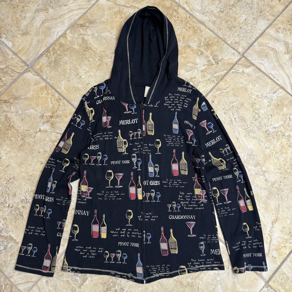 Jess & Jane Wine Print Zip Hoodie Jacket Black Graphic Size M/L